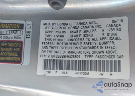 2015 Honda Civic Ex from USA, damaged, VIN 2HGFG3B89FH529804